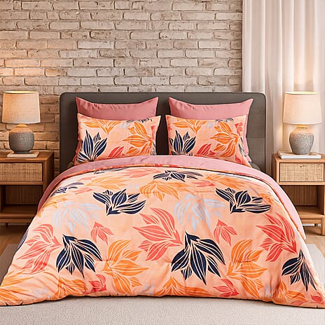 3 Piece Set - Floral Pattern Comforter with 2 Pillow Cases (King Size 225x220 cm) - Pink